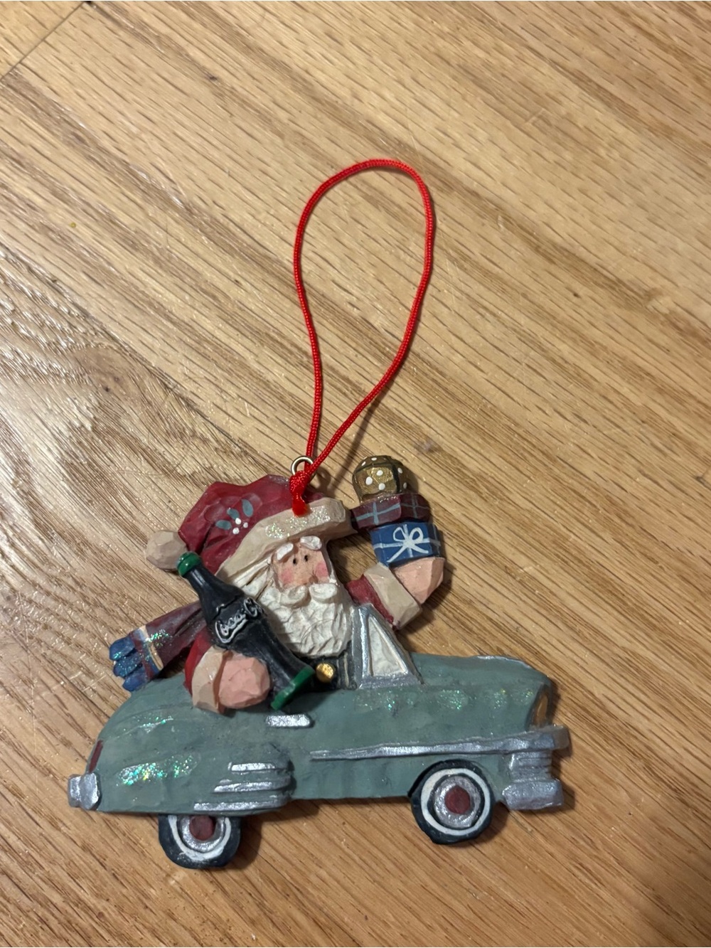 Coca Cola Santa Driving Green Car Ornament with Red Hat Christmas